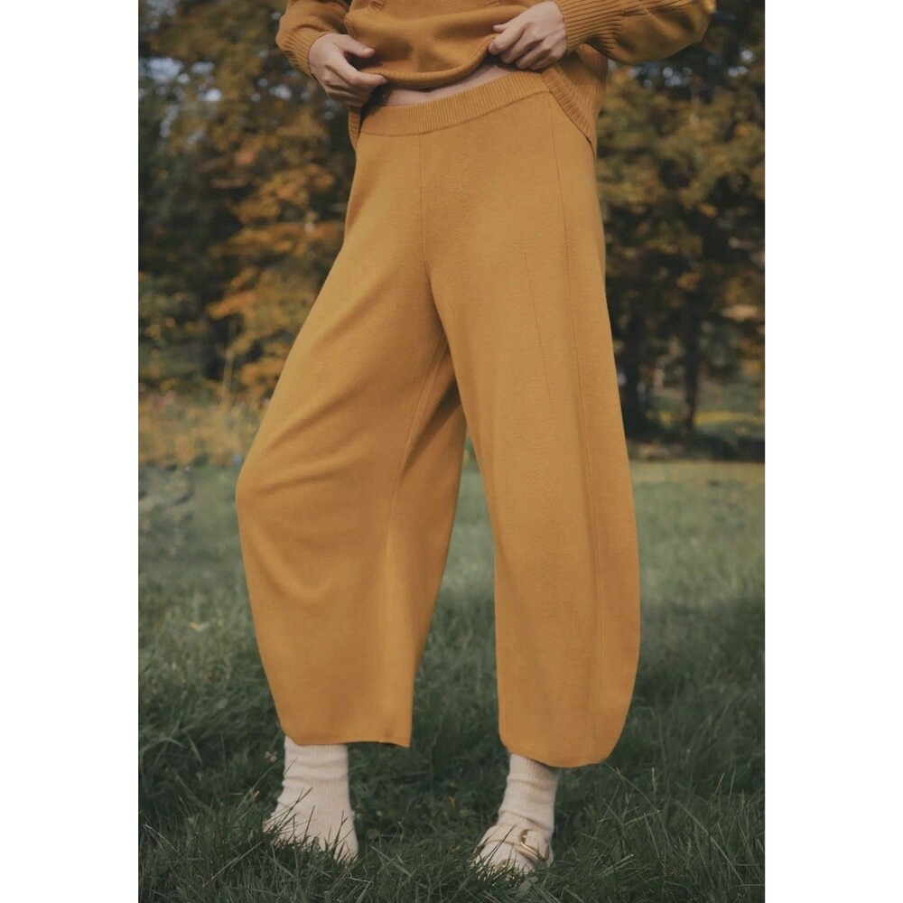 Anthropologie Daily Practice Mustard Yellow Knit Wide Leg Racing Sweatpants XS